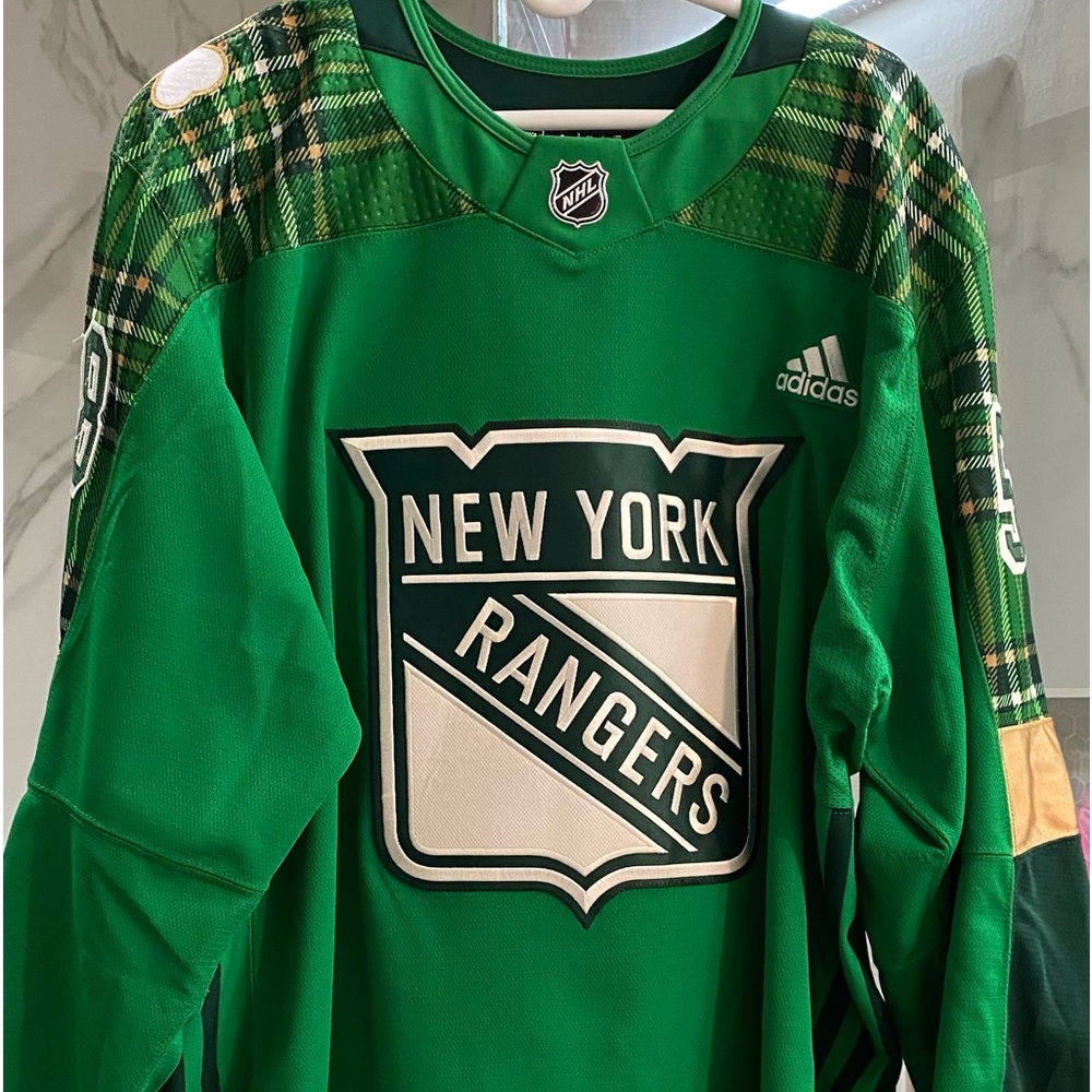 SOLD 2018 GameWorn John Gilmour New York Rangers St. Patrick’s Day Warm-up